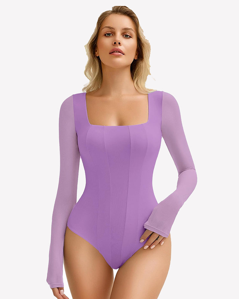 Lilac square-neck mesh one-piece leotard with long sleeves, high-cut coverage
