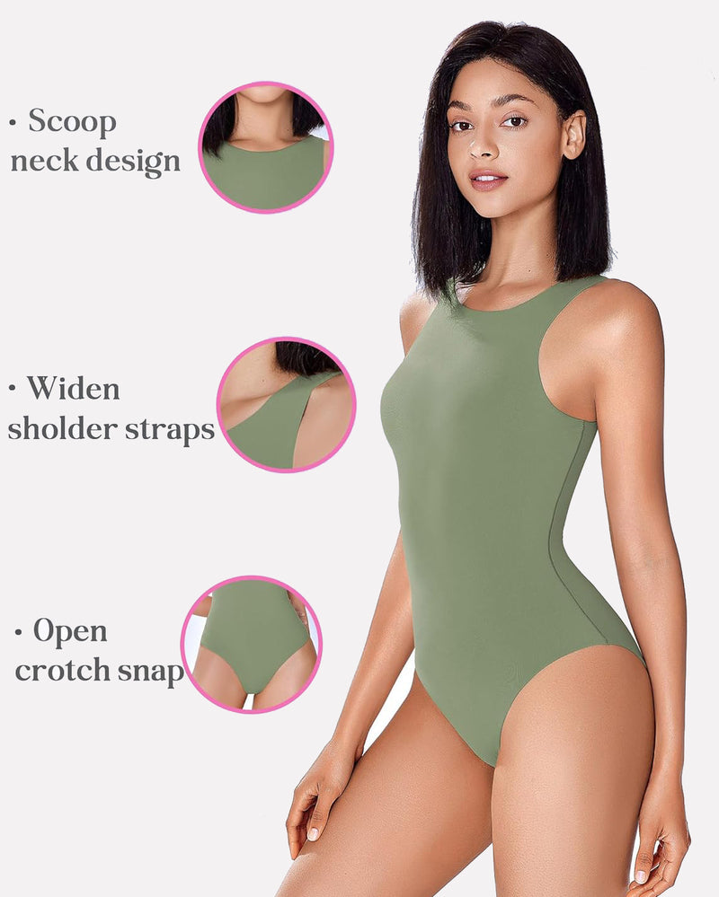 Double-lined bodysuit shapewear in olive green, scoop neck, wide straps, open crotch