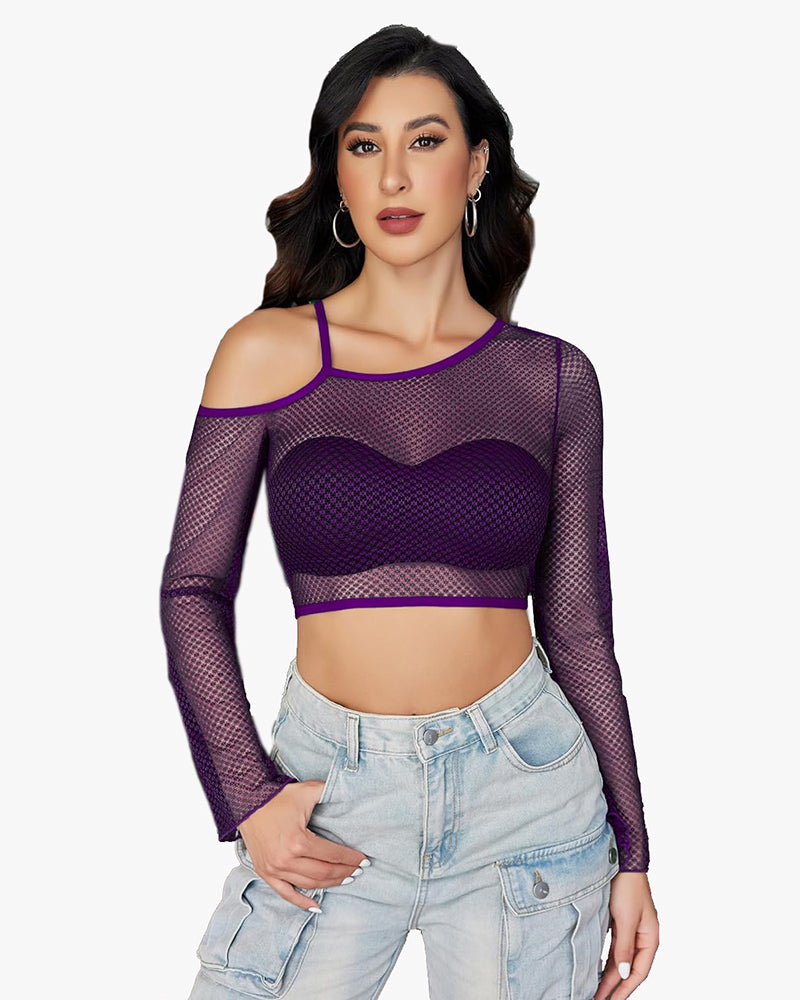 Long sleeve fishnet crop top with cutout bra cups, dark purple mesh