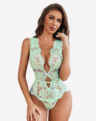 Mint green lace bodysuit teddy with deep V neckline and scalloped trim