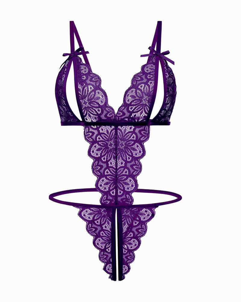 Purple lace deep V teddy bodysuit with floral lace cups and ribbon shoulder ties