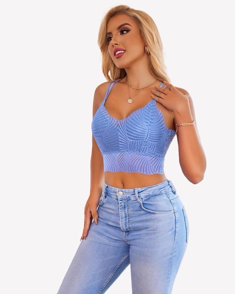 Blue V-neck racerback crop top with scalloped textured knit