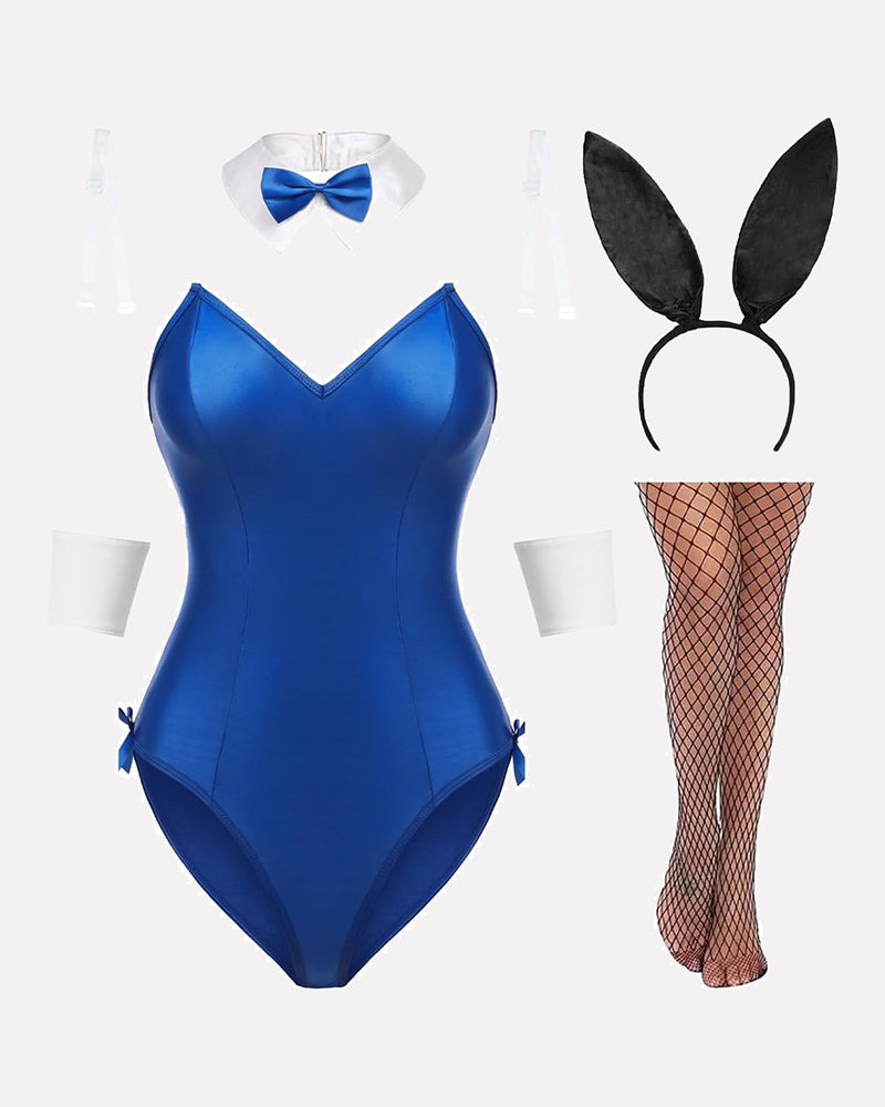 Blue bunny lingerie set: bow collar bodysuit, bunny ears headband, fishnet tights
