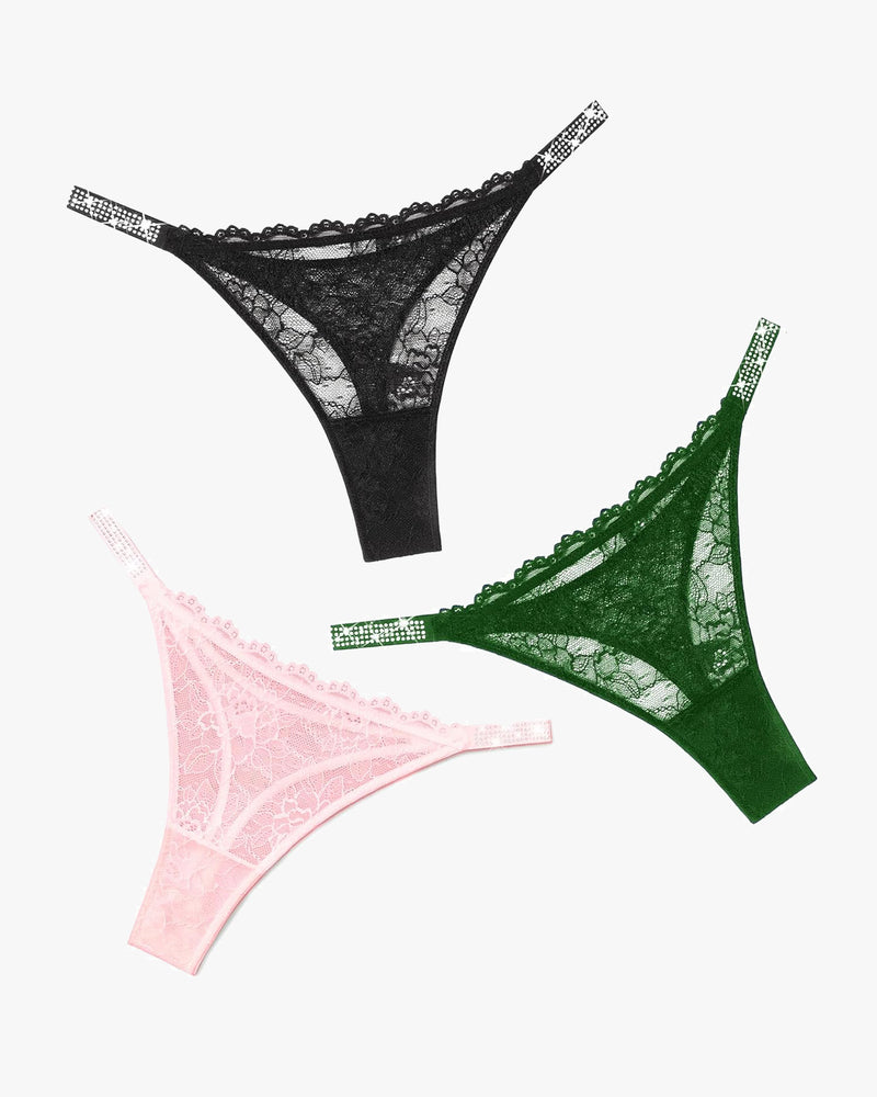 Lace thongs set: black, green, and pink tanga with rhinestone straps