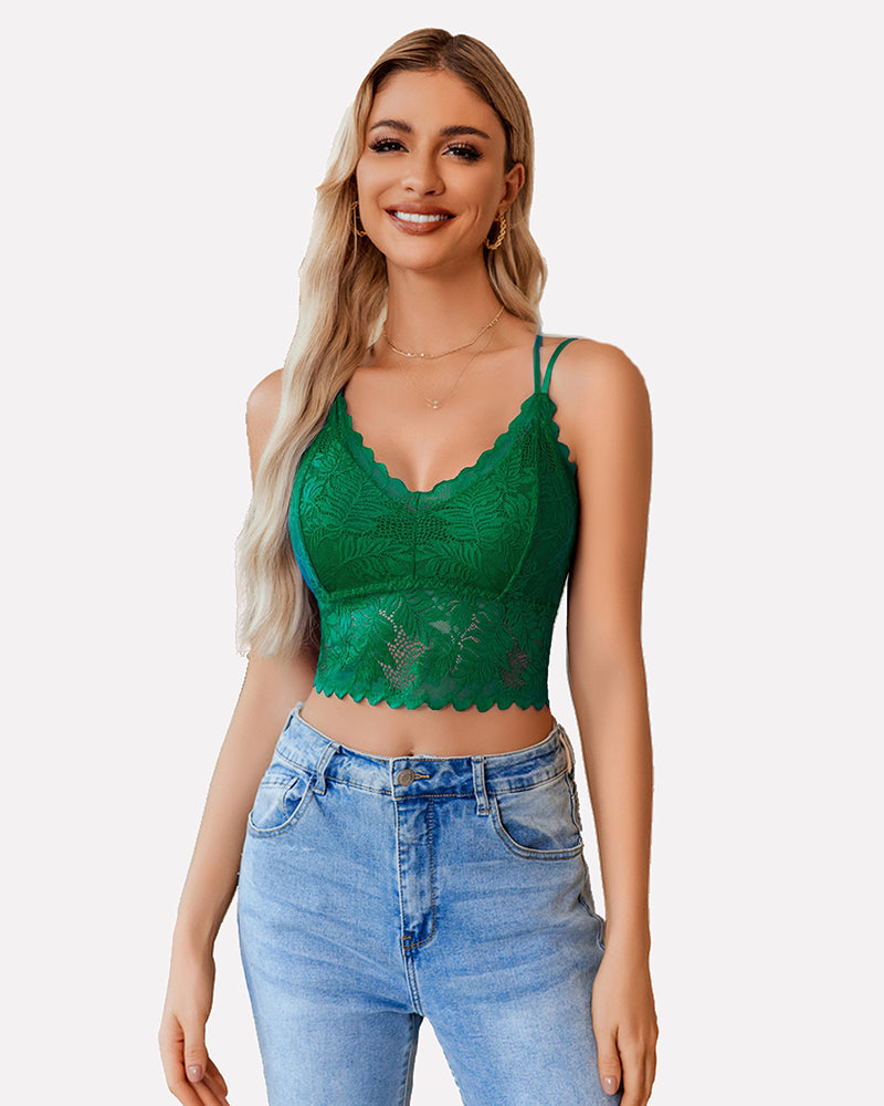 Green lace racerback crop camisole with scalloped V-neck and adjustable straps