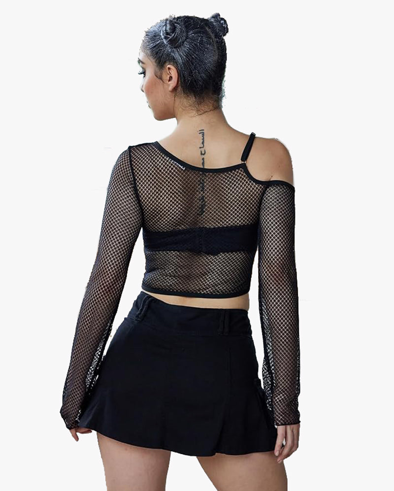Black long-sleeve fishnet crop top, back view, thin straps and contrast waist band
