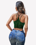 Dark green racerback crop top with open V-back and lace crisscross strap detail