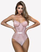 Pink lace underwire bodysuit with high-cut briefs and lace paneling