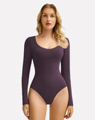Purple scoop-neck bodysuit with long sleeves and smooth fitted front