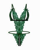 Green lace deep V teddy bodysuit with floral lace cups and ribbon shoulder ties