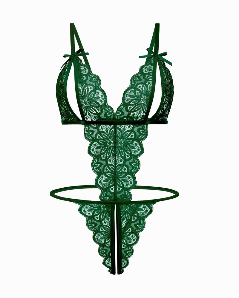 Green lace deep V teddy bodysuit with floral lace cups and ribbon shoulder ties