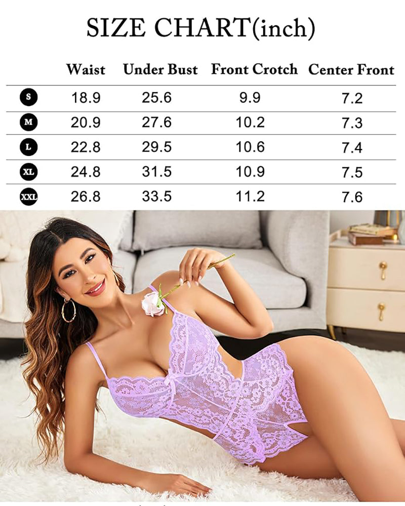 Lavender lace V-neck cut-out one-piece lingerie with floral pattern, underwire cups