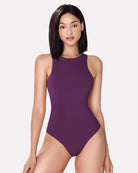Purple sleeveless high-neck double-lined shapewear bodysuit, front view