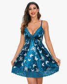 Satin slip nightie dress with lace trim, blue with butterfly print, spaghetti straps