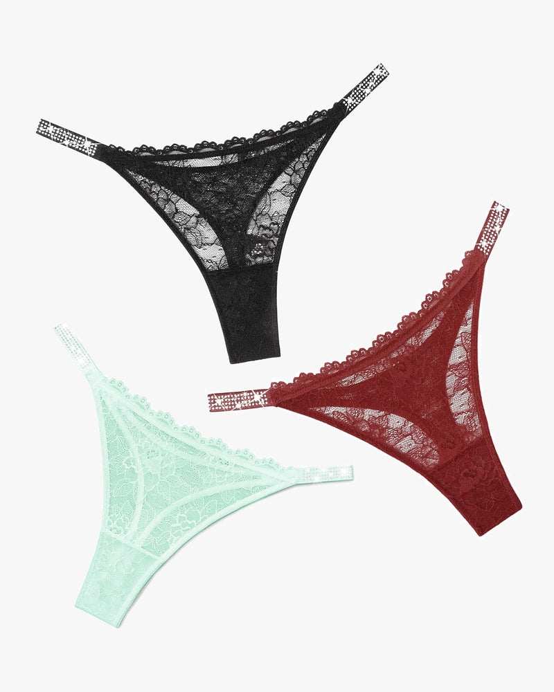 Lace thongs set: black, mint, and red tanga with rhinestone straps