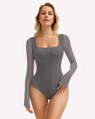 Grey square-neck mesh one-piece leotard with long sleeves, fitted bodice