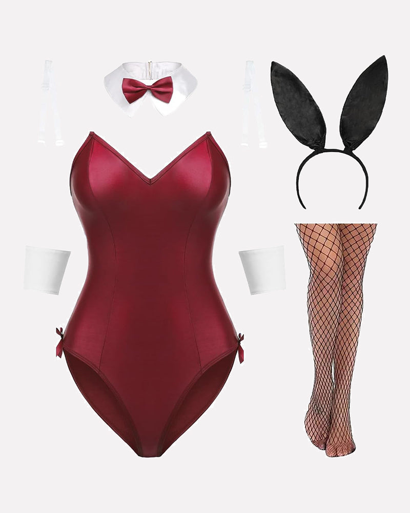 Wine-red bunny lingerie set: bow collar bodysuit, bunny ears headband, fishnet tights