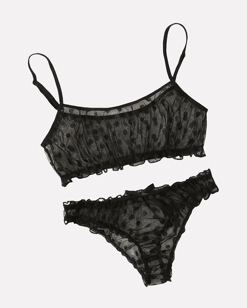 Black mesh dotted bralette and panty set, scalloped edges and adjustable spaghetti straps.