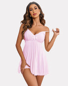 Lace babydoll lounge dress, pale pink solid with lace bust and bow tie