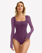 Purple square-neck mesh one-piece leotard with long sleeves, high-cut fit