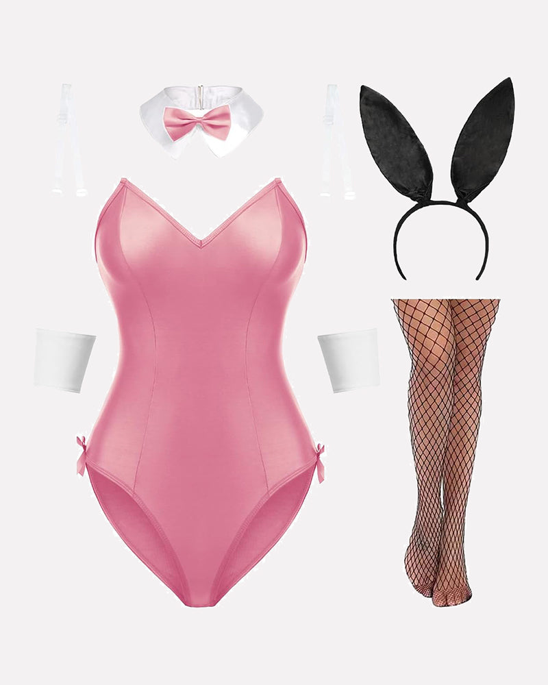 Pink bunny lingerie set: bow collar bodysuit, bunny ears headband, fishnet tights