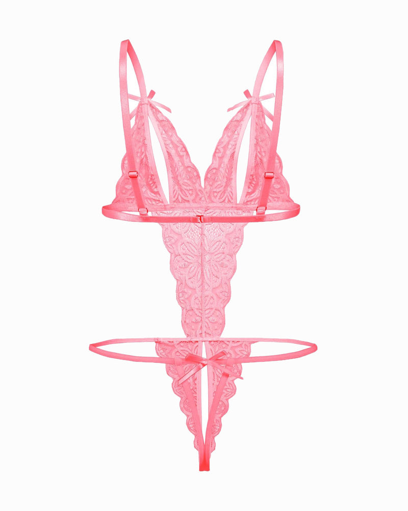 Lace deep V bodysuit teddy in bright pink with bow straps and lace thong