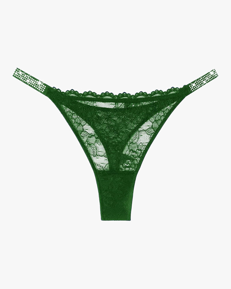 Green lace thong with embellished strap edge and scalloped lace trim