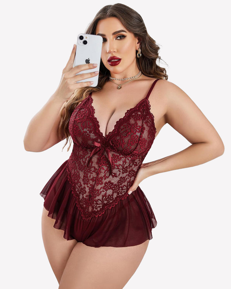 Burgundy lace lingerie bodysuit with underwire cups and bow detail