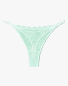 Mint green lace thong with embellished strap edge and scalloped lace trim