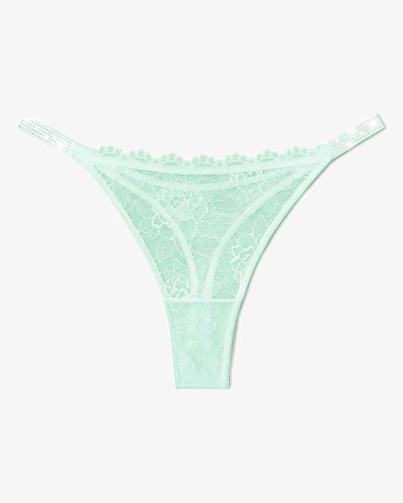 Mint green lace thong with embellished strap edge and scalloped lace trim