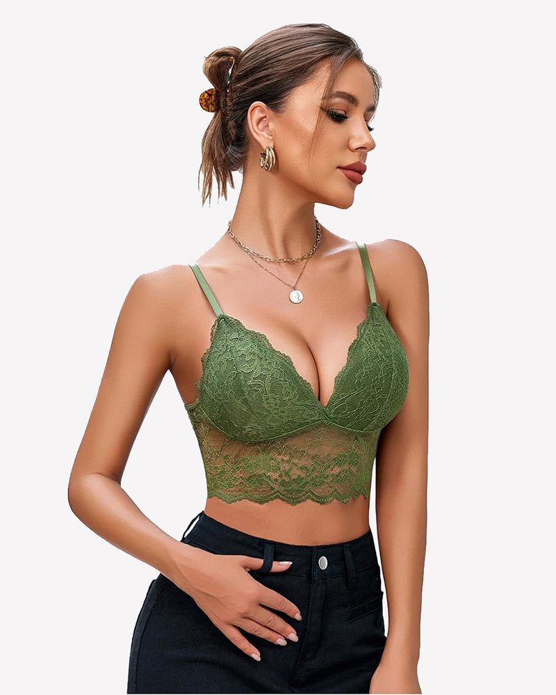 Green lace bustier crop top with adjustable cami straps and scalloped lace hem