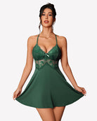 Green lace babydoll nightgown with V-neck lace bust and flared skirt