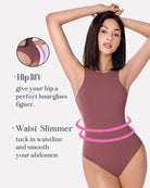 Double-lined bodysuit shapewear in brown, sleeveless scoop neck, hip-lift shaping