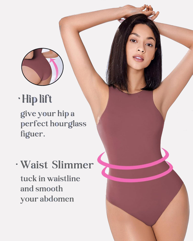 Double-lined bodysuit shapewear in brown, sleeveless scoop neck, hip-lift shaping
