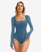 Light blue square-neck mesh one-piece leotard with long sleeves and fitted legs