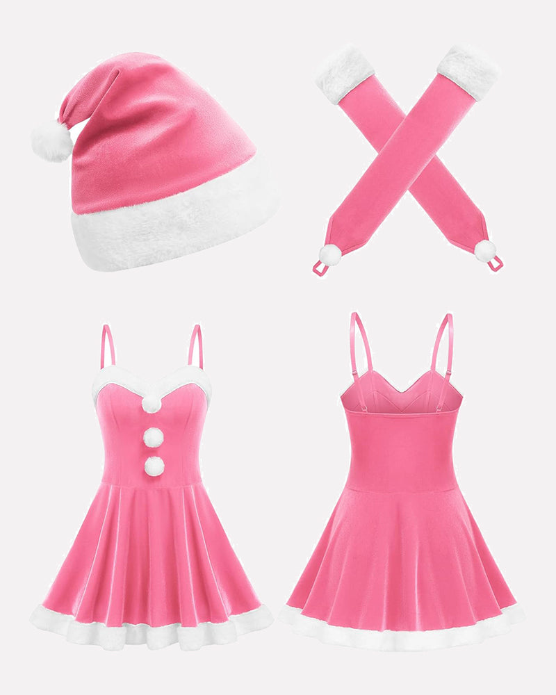 Pink Santa-style Christmas outfit set: hat, dress, cross legs, and glove pair (shown laid out)