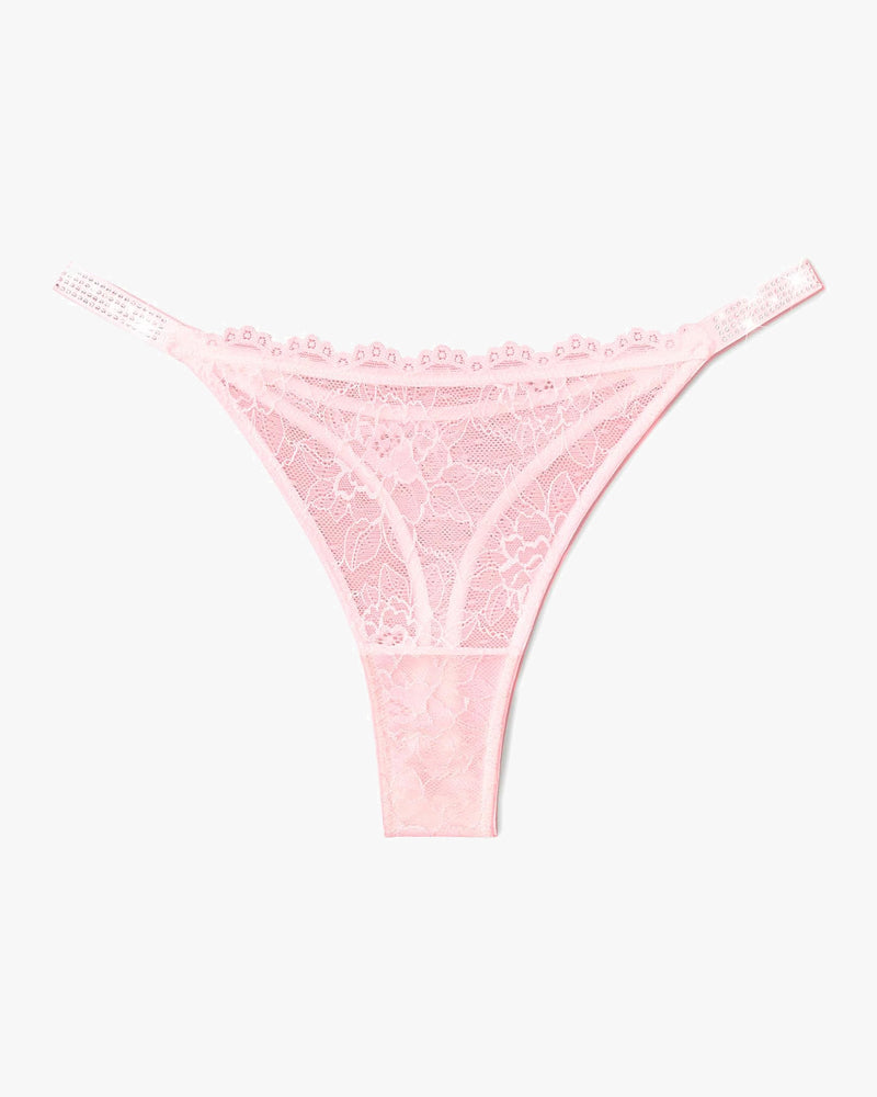 Pink lace thong with embellished strap edge and scalloped lace trim