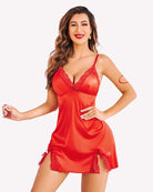 Red satin lace mini dress with V-neck and scalloped lace hem