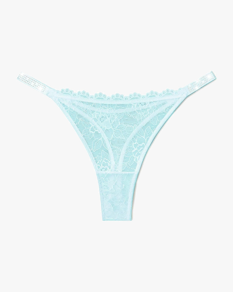 Light blue lace thong with embellished strap edge and scalloped lace trim