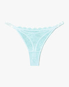Light blue lace thong with embellished strap edge and scalloped lace trim