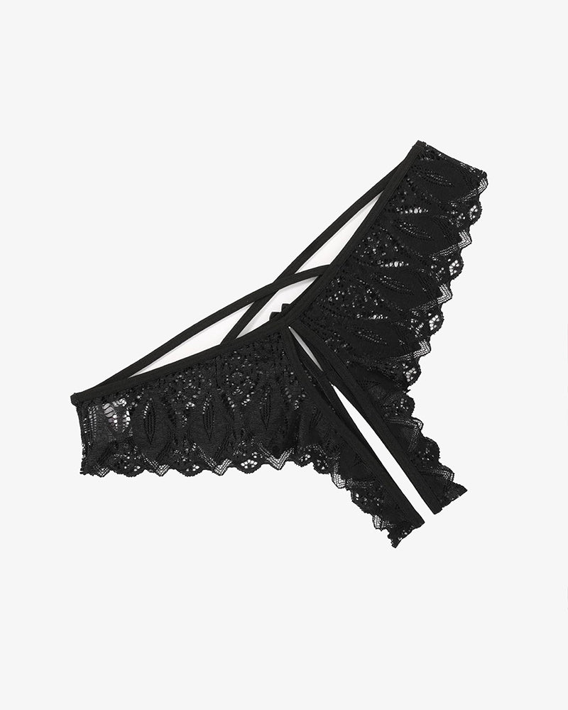 Black lace crotchless hipster panty with crisscross front straps and scalloped trim