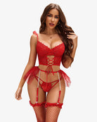 3-piece lingerie set with red lace bra and panty, mesh mini skirt, garter straps