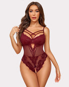 Wine red floral lace crotchless bodysuit with sheer mesh and lace trim