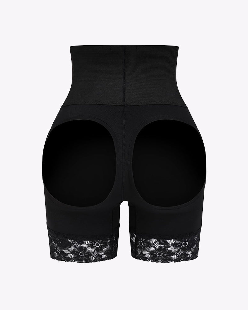 Black high-waisted tummy control shorts with lace hem