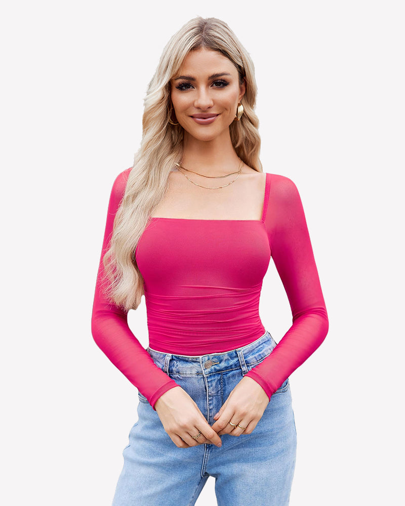 Square-neck ruched mesh long-sleeve bodysuit, pink