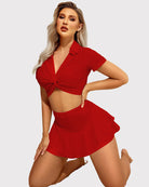 Two-layer ruffle hem skirt, red flared A-line with short layered ruffle hem