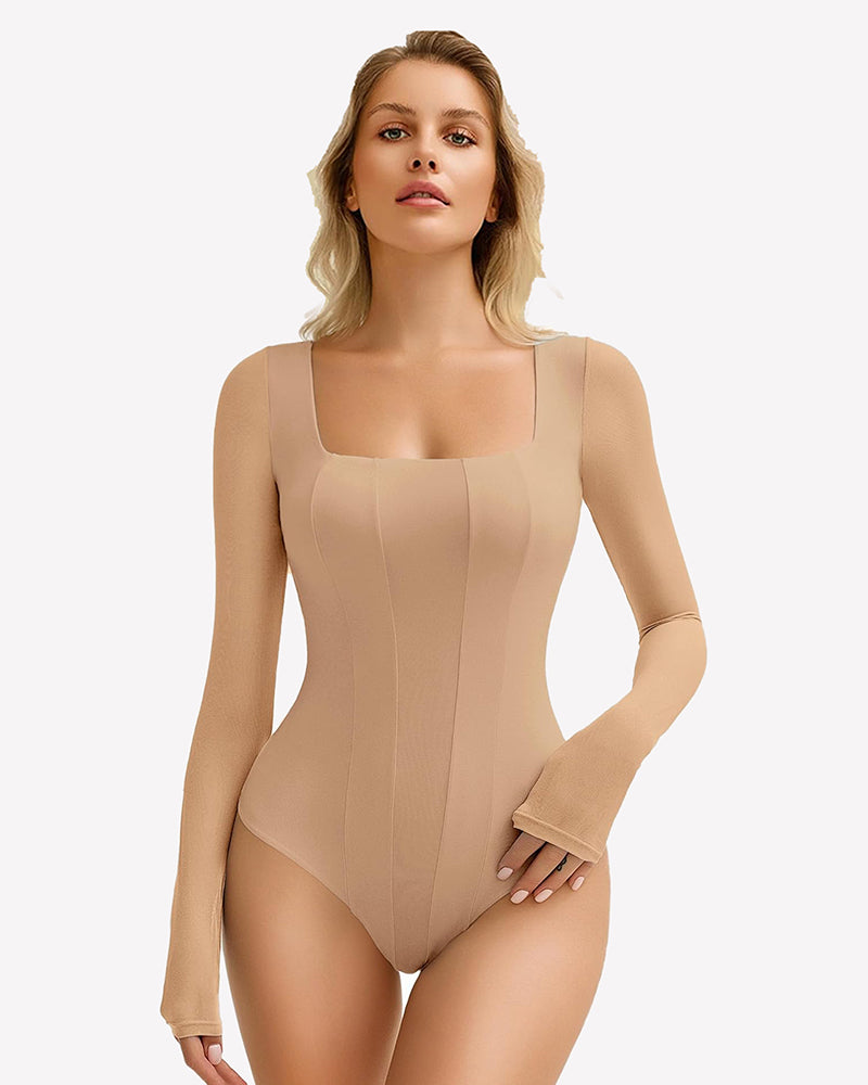 Nude square-neck mesh one-piece leotard with long sleeves, smooth fitted shape