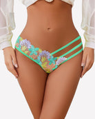 Green and lilac mesh thong with striped sides and embroidered floral appliques