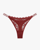 Wine red lace thong with embellished strap edge and scalloped lace trim