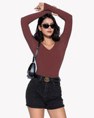 Double-lined long-sleeve bodysuit, dark brown, V-neck with snap closure